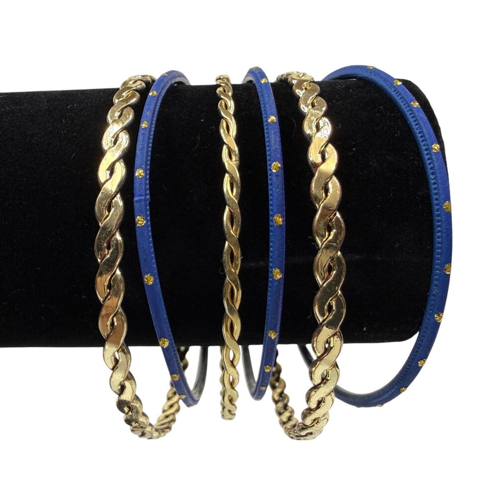6 PC Blue Gold Tone Braided Twisted Smooth Bangle Bracelet Fashion Jewelry 7.5 "